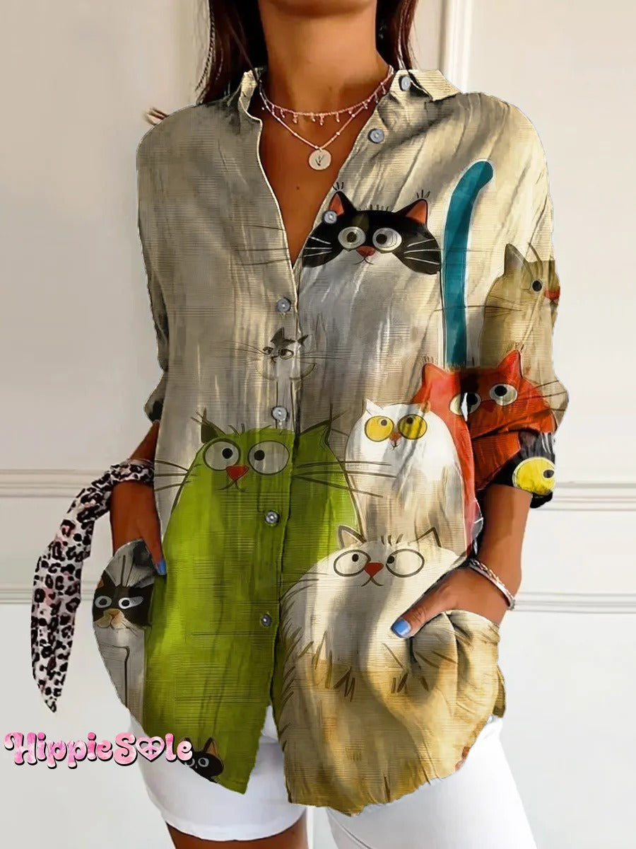 Women's Cute Cat Art Print Casual Long Sleeve Dress