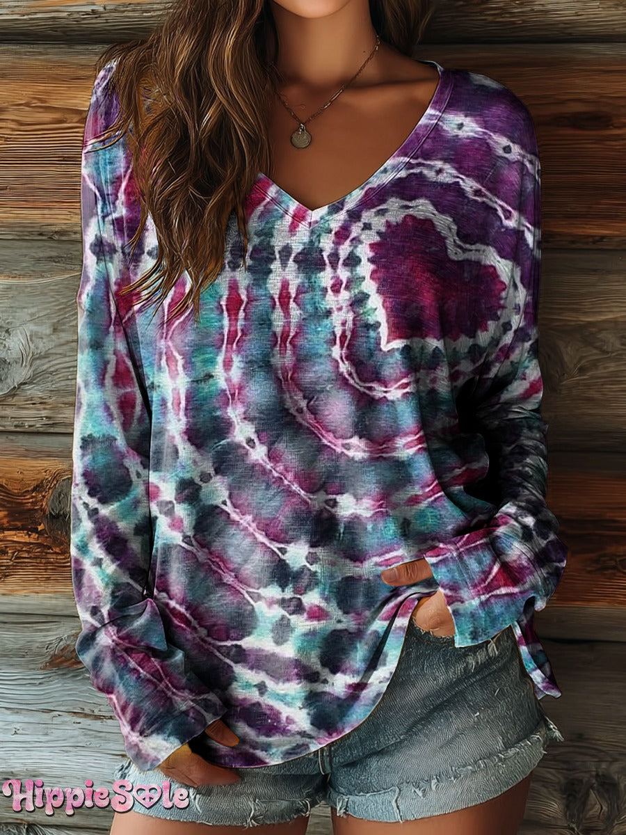 Women's Colorful Love Heart Tie Dye Art Print Crew Neck Casual Long Sleeve Shirt