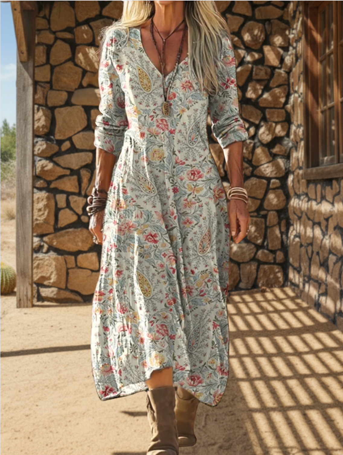 Women's Bohemian Floral Wavy Collage Art Pattern Print Pocket Cotton Dress