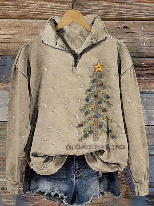 Retro Christmas Tree Casual Zip Sweatshirt