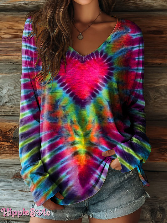 Women's Colorful Love Heart Tie Dye Art Print Casual V-Neck Long Sleeve T-Shirt