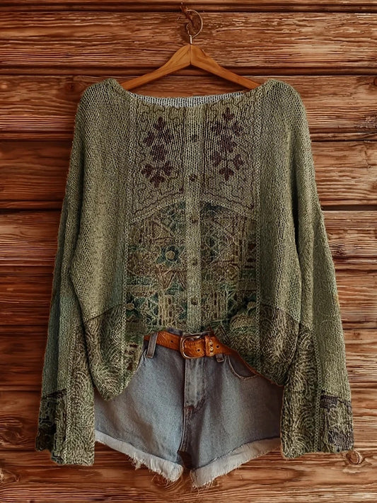 Women's Retro Ethnic Pattern Artistic Print Casual Crew Neck Sweater
