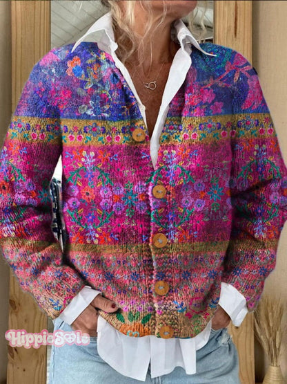 Colorful Stripes Floral Print Buttoned Cardigan Sweater