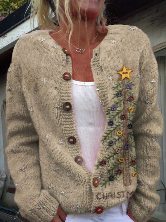 Retro Christmas Tree Casual Long Sleeve Cardigan Sweater