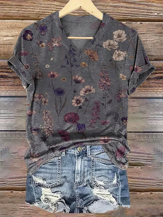 Unisex Retro Flowers Print Casual T-Shirt