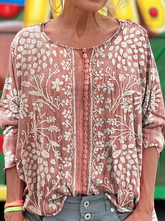 Women's Vintage Ethnic Floral Art Print Casual Long Sleeve T-Shirt