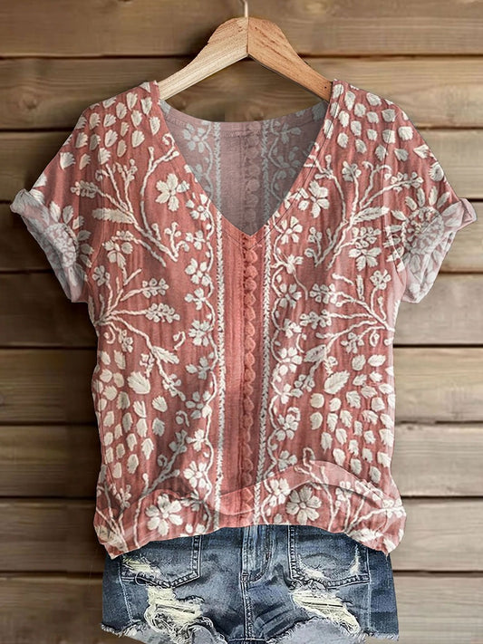 Women's Vintage Ethnic Floral Art Print Casual Short Sleeve T-Shirt