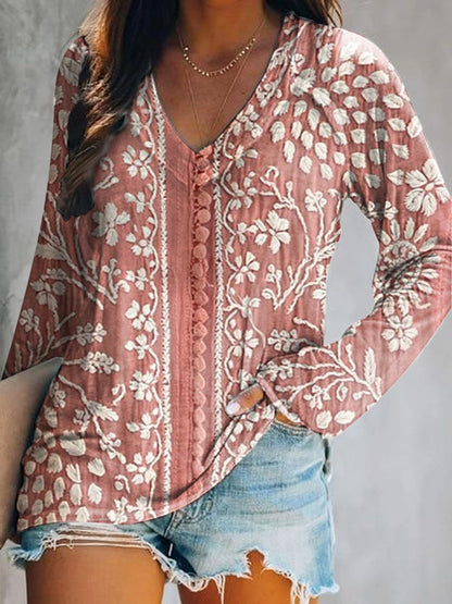 Women's Vintage Ethnic Floral Art Print Casual Long Sleeve Top