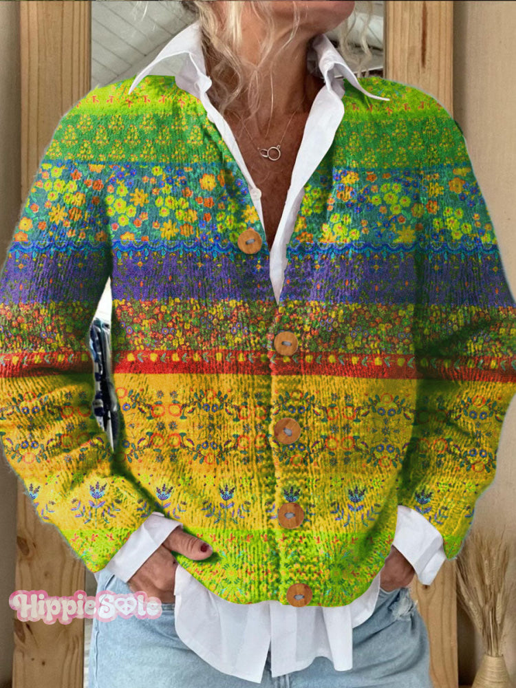 Colorful Stripes Floral Print Buttoned Cardigan Sweater