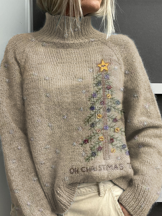 Retro Christmas Tree Casual Long Sleeve Turtleneck Pullover Sweater