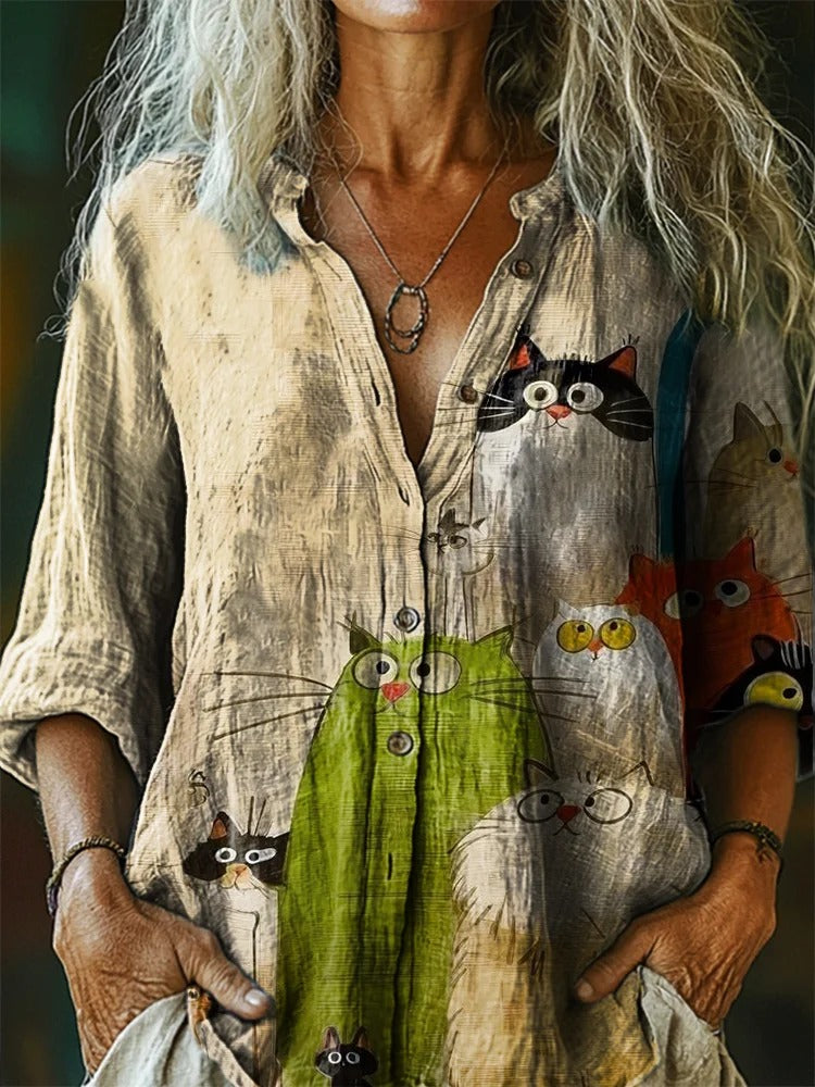 Women's Cute Cat Art Print Casual Long Sleeve T-Shirt