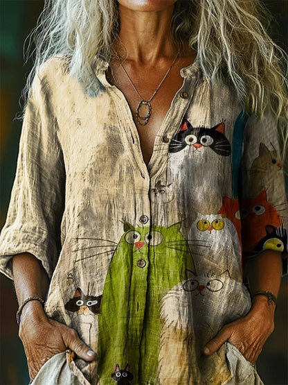 Women's Cute Cat Art Print Casual Long Sleeve T-Shirt