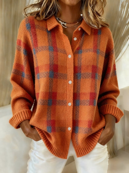 Women's Casual Contrast Color Autumn And Winter Retro Plaid Print Buttoned Cardigan Sweater