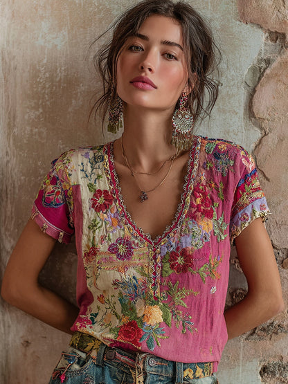Women's Bohemian Floral Embroidery Art V-neck Contrast Color Linen Blend T-shirt