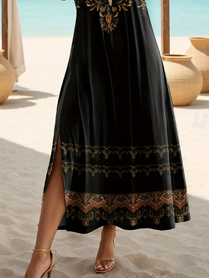 Women Floral Crew Neck Short Sleeve Comfy Casual Printing Maxi Dress