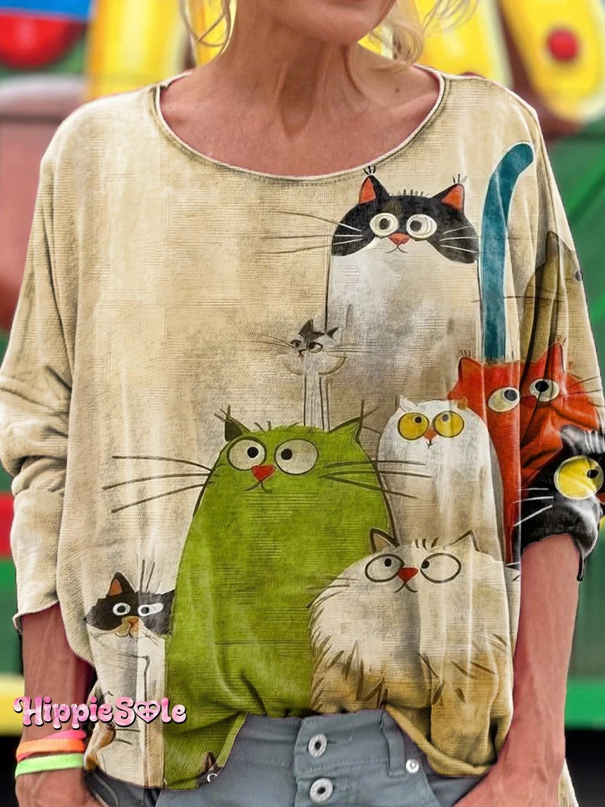 Women's Cute Cat Art Print Casual Long Sleeve T-Shirt