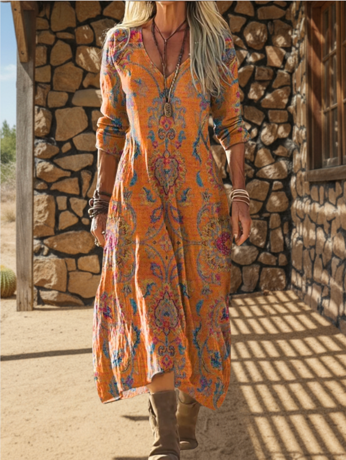 Women's Bohemian Floral Wavy Collage Art Pattern Print Pocket Cotton Dress