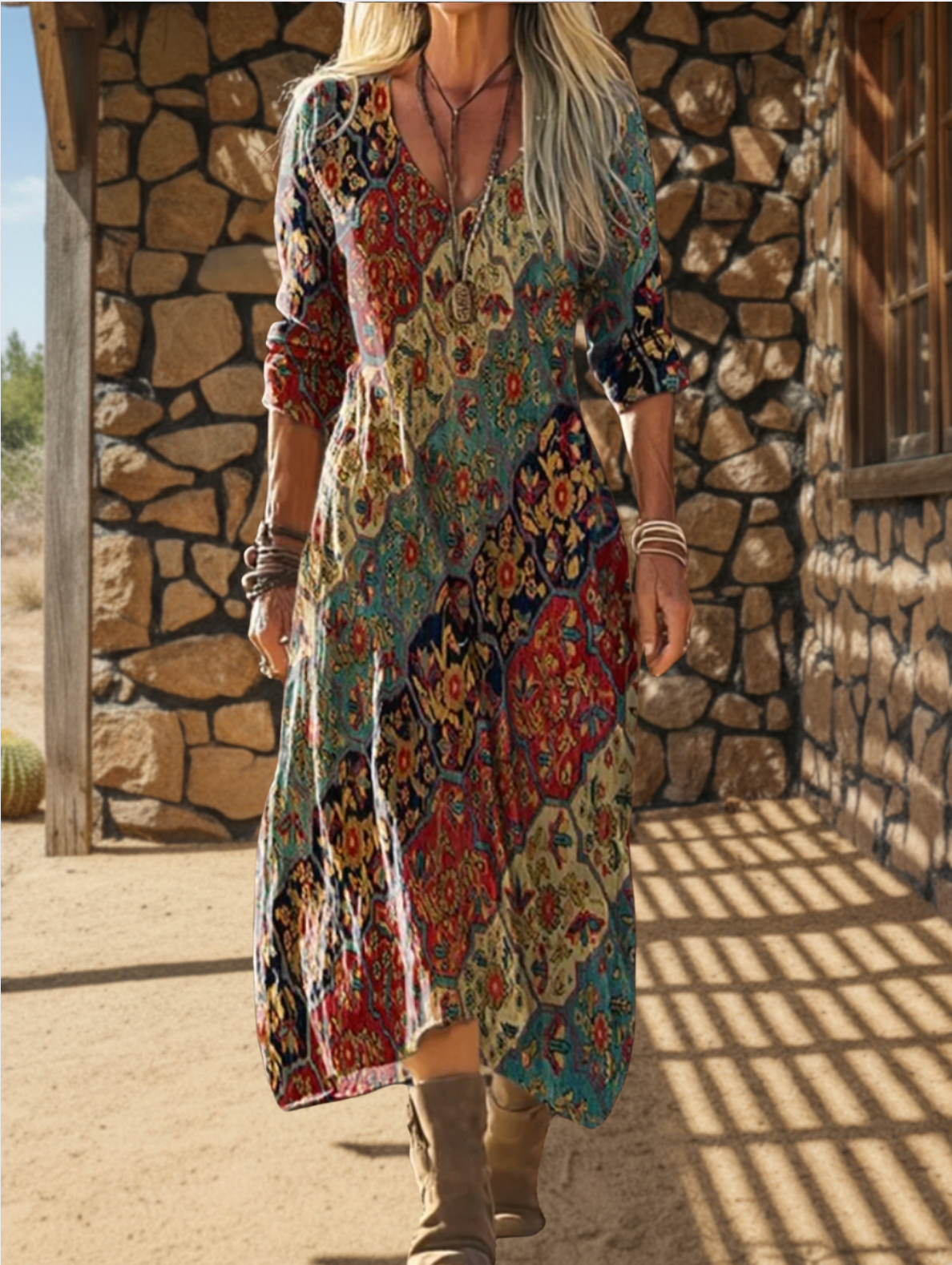 Women's Bohemian Floral Wavy Collage Art Pattern Print Pocket Cotton Dress