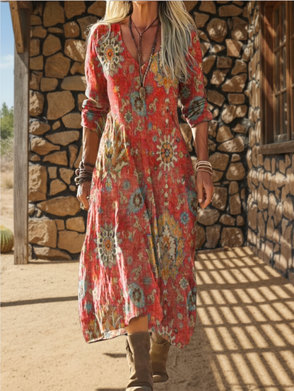 Women's Bohemian Floral Wavy Collage Art Pattern Print Pocket Cotton Dress