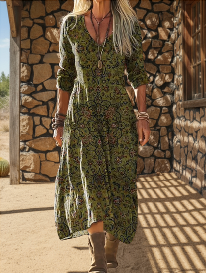 Women's Bohemian Floral Wavy Collage Art Pattern Print Pocket Cotton Dress