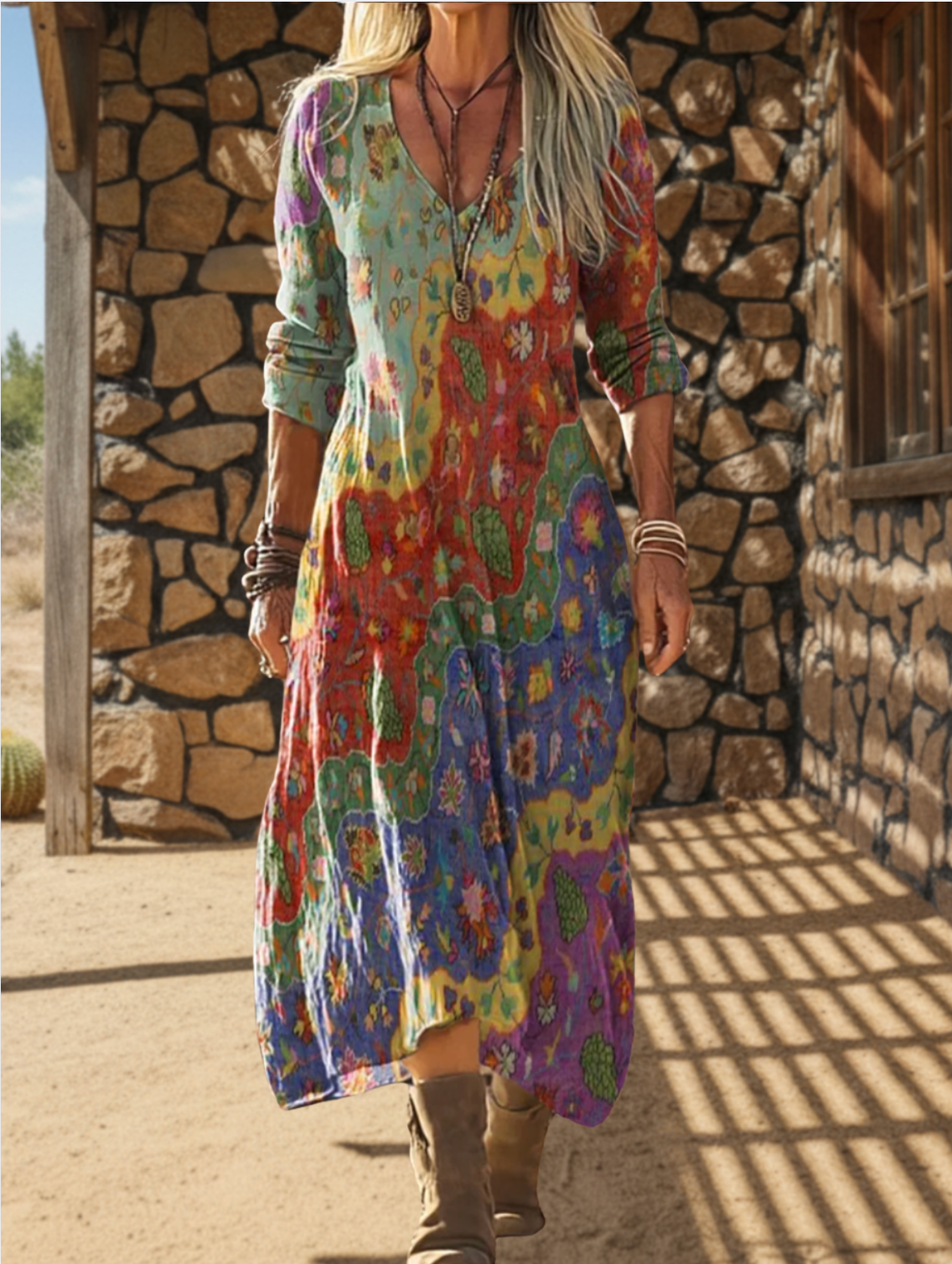 Women's Bohemian Floral Wavy Collage Art Pattern Print Pocket Cotton Dress