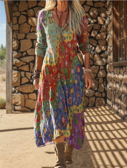 Women's Bohemian Floral Wavy Collage Art Pattern Print Pocket Cotton Dress