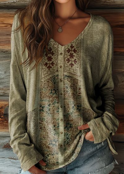 Women's Retro Ethnic Pattern Artistic Print Casual V-Neck Long-Sleeved T-Shirt