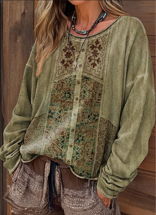 Women's Retro Ethnic Pattern Artistic Print Casual Crew Neck Long-Sleeved T-Shirt