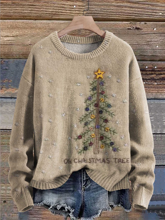 Retro Christmas Tree Casual Long Sleeve Pullover Sweater
