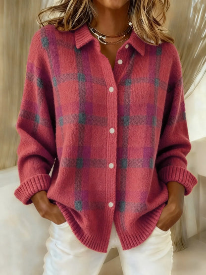 Women's Casual Contrast Color Autumn And Winter Retro Plaid Print Buttoned Cardigan Sweater