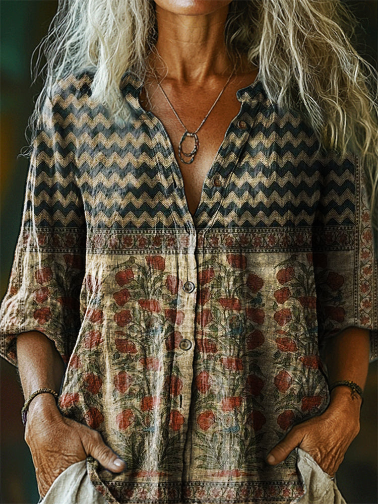 Women's Vintage Bohemian Floral Art Print V-Neck Casual T-Shirt