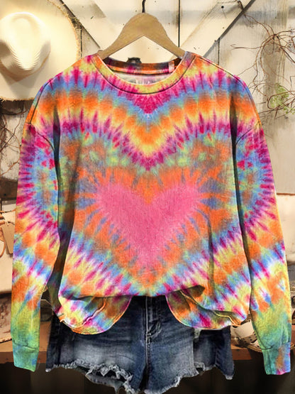 Women's Colorful Love Heart Tie Dye Art Print Crew Neck Casual Long Sleeve Shirt
