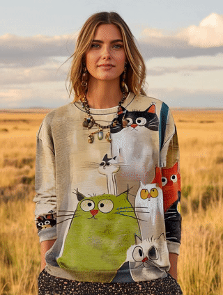 Women's Cute Cat Art Print Casual Long Sleeve T-Shirt
