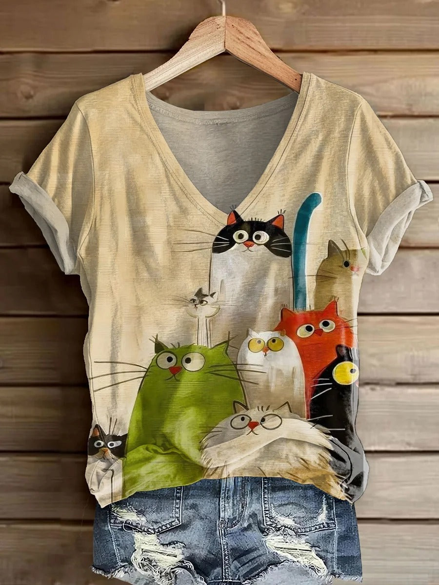 Women's Cute Cat Art Print Casual Long Sleeve T-Shirt