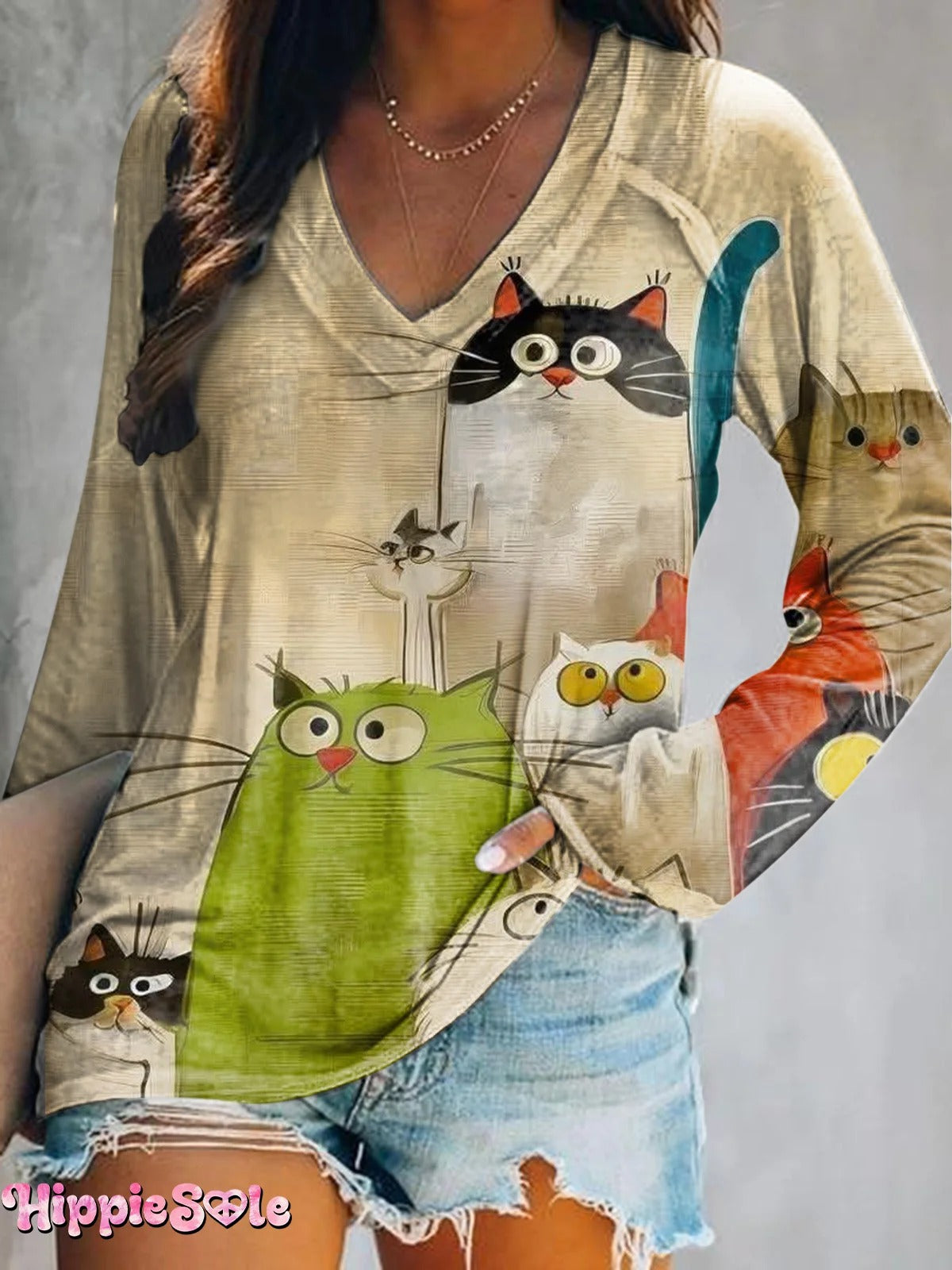 Women's Cute Cat Art Print Casual Long Sleeve T-Shirt
