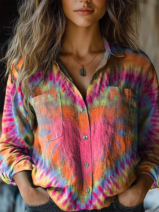 Women's Colorful Love Heart Tie Dye Art Print Casual Long Sleeve Shirt