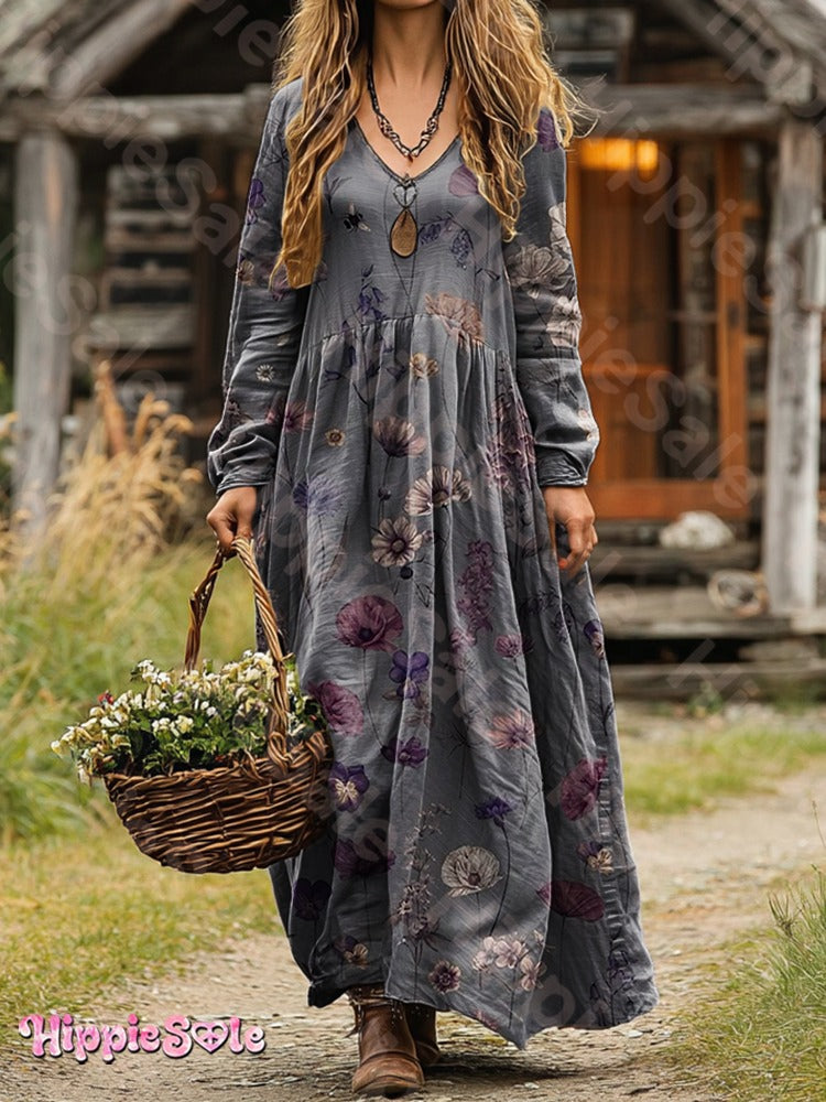 Unisex Retro Flowers Print Casual Dress