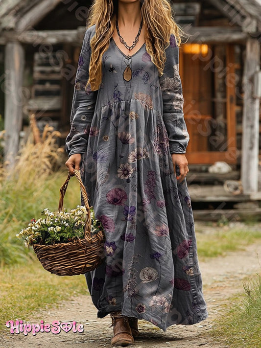 Unisex Retro Flowers Print Casual Long Sleeve Dress