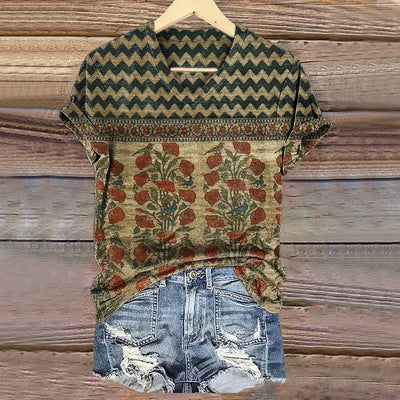 Women's Vintage Bohemian Floral Art Print V-Neck Casual T-Shirt