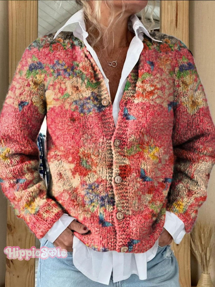 Colorful Stripes Floral Print Buttoned Cardigan Sweater